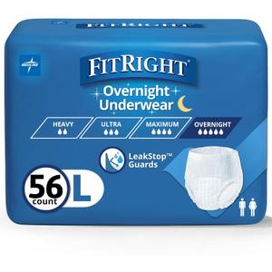FitRight Overnight Unisex Large Underwear, (40-56 in Waist) 56 Count (4 Bags of 14), Maximum All Night Disposable Incontinence Protection, Pull-On Absorbent Underwear for Men and Women