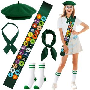 Halloween Girl Scout Costume Set for Women Blackish Green Beret Sash Scarf Socks Tattoos Bowtie Party Dress Up