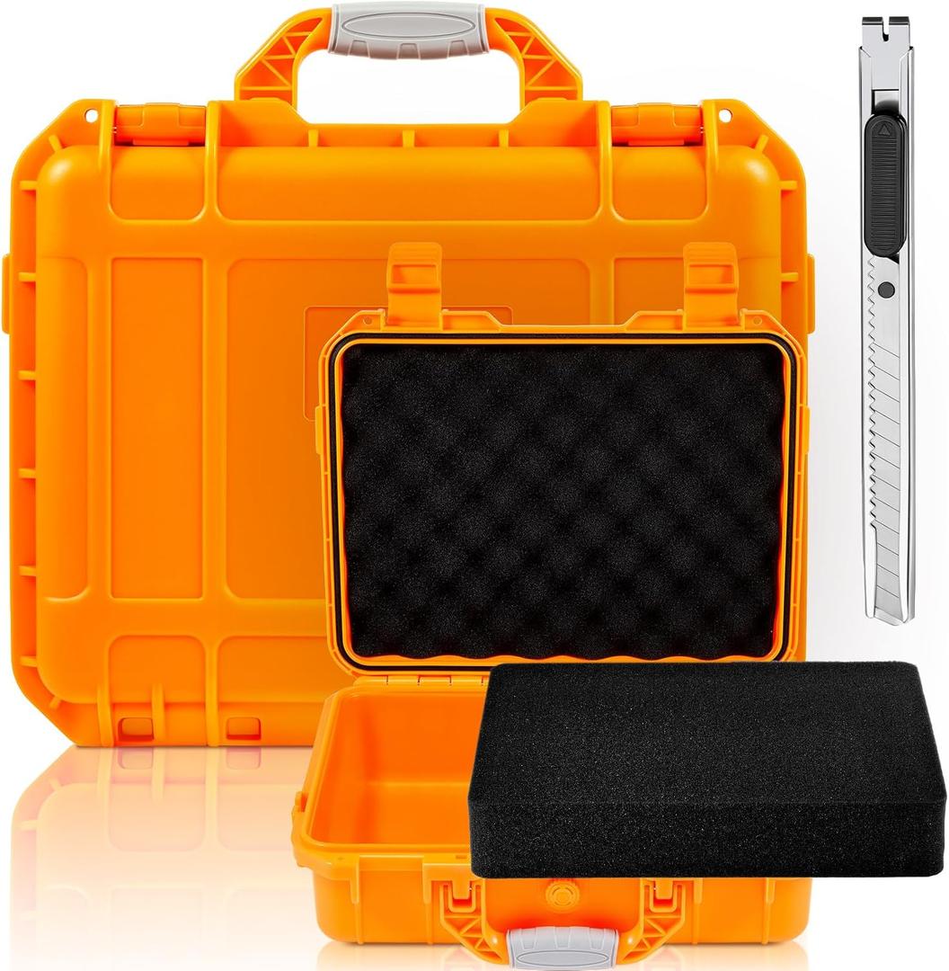 1 Pcs 8.5 x 6.5 x 3.7 Inch Waterproof Hard Case with DIY Customizable Foam Insert Portable Protective Case with Knife for Camera Drones Equipments Tools Test Instruments (Orange)