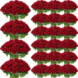 Riceshoot 500 Pcs Artificial Silk Roses Flowers with Long Stem Bridal Wedding Bouquet Realistic Floral Bulks for Garden Home Party Gifts Favor Decoration(Wine Red)