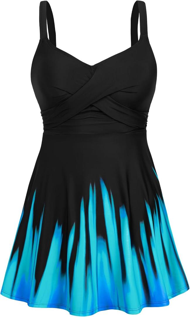 HUSKARY Plus Size Swimsuits for Women Tummy Control V Neck Swim Dress Two Piece Bathing Suit Flowy Tankini with Boyshorts (Blue, XXL)