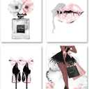 Watercolor Fashion Women Wall Art Glam Poster Modern Artwork for Girls Bedroom Pink Flowers Perfume Handbag High Heel Lips Paintings for Women Room Bathroom Gift (8x10 inchSet of 4Unframed)