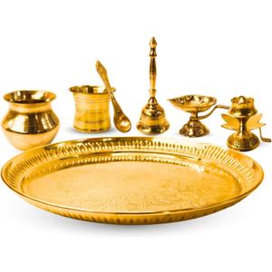 Vedic Charya 10 Inch Brass Puja Thali Set Round Shape  Set of 7 Golden Traditional Pooja Plate, Spiritual Decor Indian Religious Worship & Festivals Thali for Shivratri, Home Mandir, Return Gift