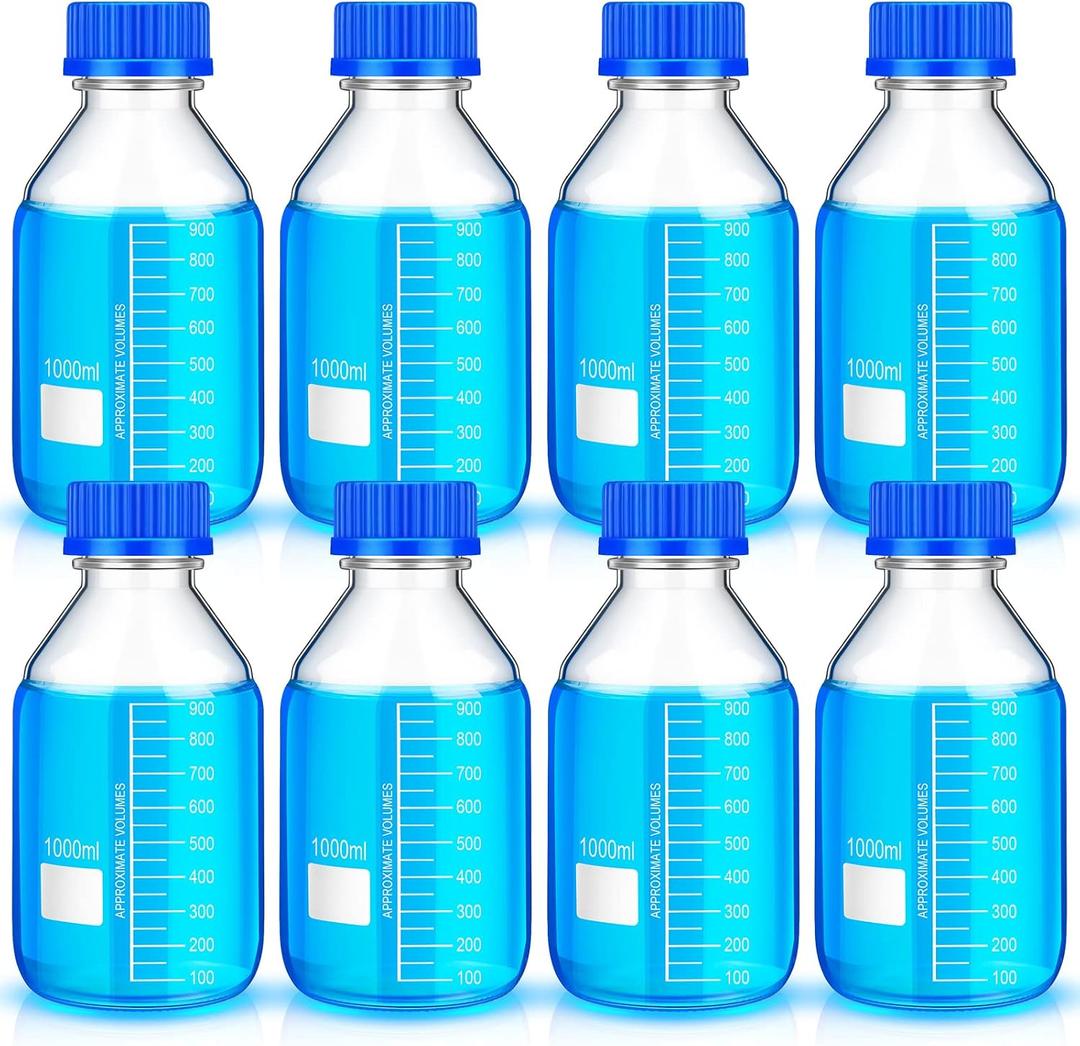 Irenare Media Storage Bottles Borosilicate Storage Glass Scientific Round Graduated Media Bottle with Blue Gl45 Screw Cap for Lab Water Reagent Liquids(1000 ml,8 Pcs)