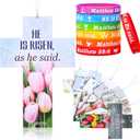 Dispowreath 60 Pcs Easter He is Risen Bookmarks and Bracelets Set Bible Verse Bookmarks Matthew 28:6 Wristbands Easter Christian Gift Religious Cross Lily Bookmark for Church Sunday School