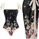 Women's One Piece Swimsuit with Beach Cover up Wrap Skirt Sarong Retro Floral Print Bikini Set Two Piece Bathing Suit M