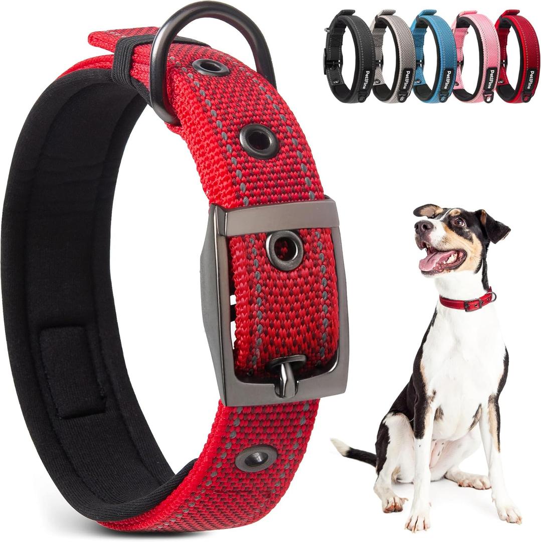 PetiFine Heavy Duty Dog Collar with Durable Metal Buckle,Neoprene Padded Comfort Dog Collar, Reflective Adjustable Belt Buckle Dog Collars for Small Medium Large Dogs (14.5''-19'', Red)