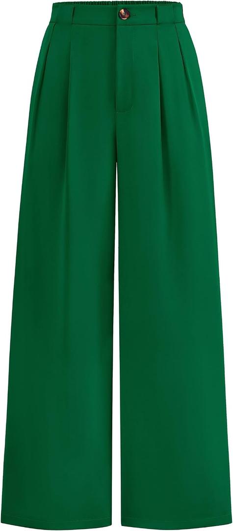 KIRUNDO Wide Leg Dress Pants for Women High Waisted Office Work Trousers Business Casual Slacks Button Flowy Palazzo Pant (Green, L)