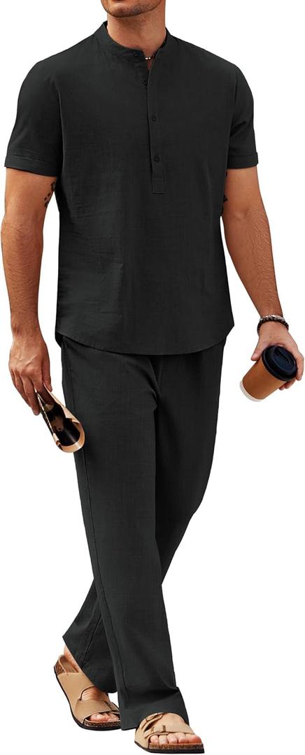 COOFANDY Mens 2 Pieces Cotton Linen Sets Short Sleeve Casual Henley Shirt Summer Beach Pants Lounge Vacation Outfits Set (XX-Large, Black)