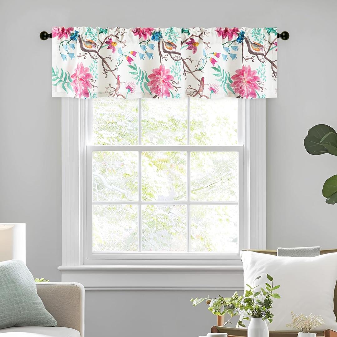 VOGOL Bird Pattern Farmhouse Valances, Light Filtering Privacy Curtains Valance for Dining Room, Faux Linen Flower Print Window Treatments for Office, 60W x 14L, 1 Panel