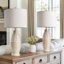 BOBOMOMO 25" Rustic Farmhouse Table Lamps Set of 2, Vintage Resin Nightstand Lamps with Fabric Shades, Retro Bedside Lamps for Bedroom, Living Room, Dining Room, Home Decoration (2 Pack Rotary Switch-Yellow)