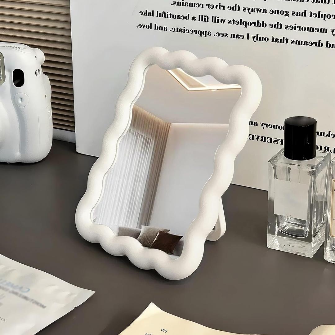 Wave Shaped Table Desk Vanity Makeup Mirror Cute Portable Travel Folding Make Up Mirror for Standing Hanging 6.7X5.3 Inch Home Decoration (White)