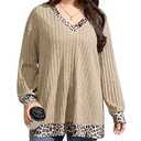 WDIRARA Women's Plus Size Leopard V Neck T Shirts Long Sleeve Tees Rib Knitted Tops Khaki 3X-Large Plus