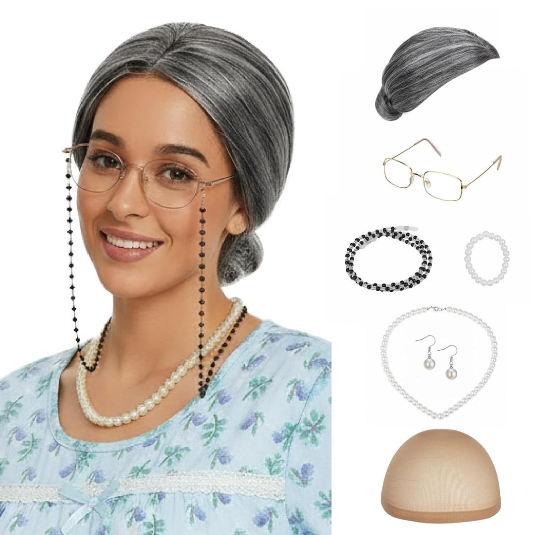 Old Lady Wig Costume for Women, 100 Days Gray Grandma Wg for Women, Granny Costume for Halloween Cosplay (7 Pieces)