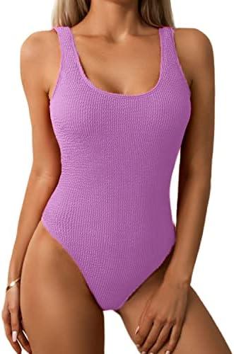 Limeeke Women One Piece Swimsuit Solid Ribbed Monokini Swimwear Scoop Neck Low Back Bathing Suit, Small