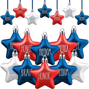 Honoson 48 Pcs 4th of July Hanging Ornaments Patriotic Star Tree Decorations Star Memorial Day Hanging Ornament Red Blue White 250th Anniversary Mini Decorations for Tree (Red,Navy Blue,Silver)