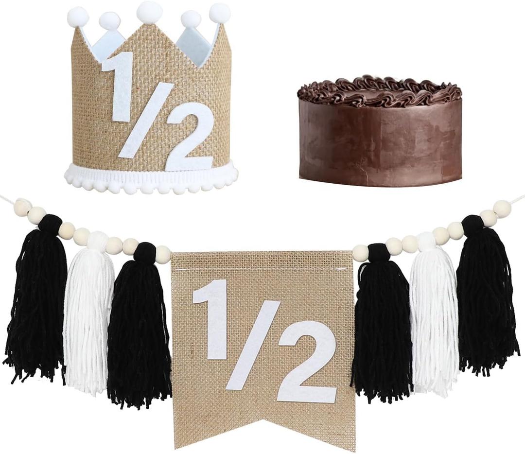 Black and White Half Birthday High Chair Banner,Wood Bead Tassel Garland,1/2 Birthday Crown Hat,6 Months Photo Backdrop,Wall Hangings Decorative For Kids Bedroom Nursery