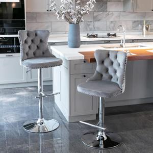 Grey Bar Stools Set of 2, Adjustable Upholstered Counter Height Barstools with Back and Silver Footrest, Modern Velvet Swivel Barstools for Kitchen Counter, Grey