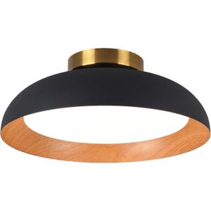 Bargeni Flush Mount Ceiling Light,12.5 inch LED Ceiling Light Fixture,5CCT Dimmable/2700K-6000K/20W, Matte Black with Wood Accent,Mid Century Light Fixtures Ceiling Mount,ETL Certified