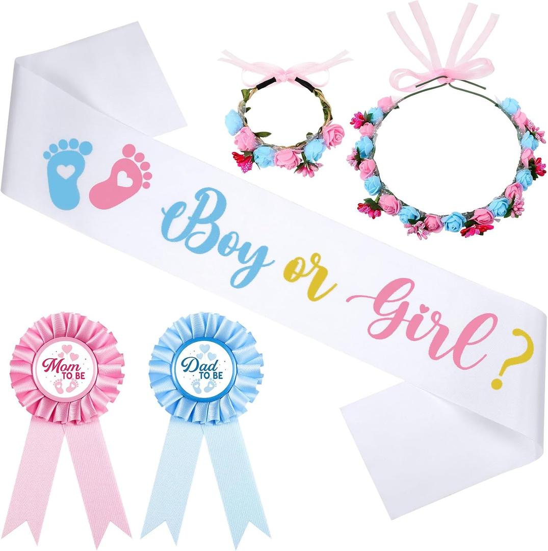 Riceshoot Boy or Girl Gender Reveal Sash Mom to Be Sash Dad to Be Pins with Flower Headband Wristband for Baby Showe Party(Boy or Girl) (Blue,Pink)