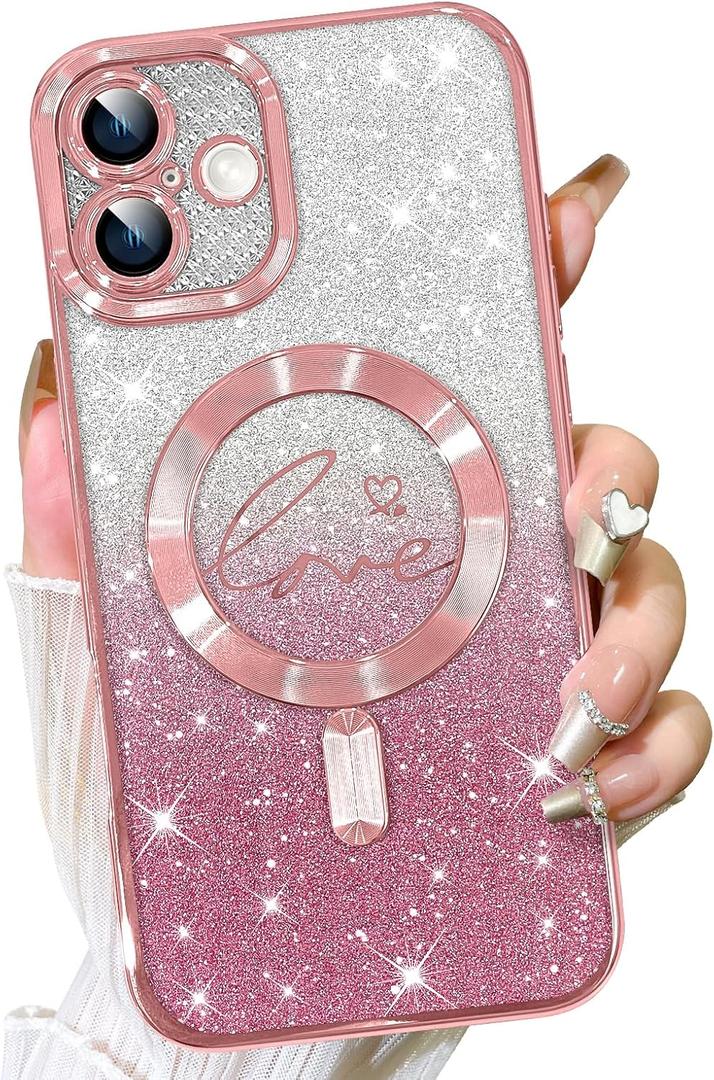 Fiyart Designed for iPhone 16 Plus Case, Compatible with MagSafe Love Hearts Plating Camera Protection TPU Magnetic Glitter Shockproof Phone Bumper for Women Girls 6.7"-Pink