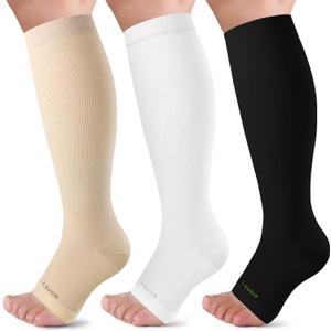 LEVSOX Open Toe Compression Socks for Women & Men 20-30mmHg Toeless Sock Knee High Support Stockings for Circulation Nurses Pregnant Travel (Medium, 3 Pairs/Black/White/Beige)
