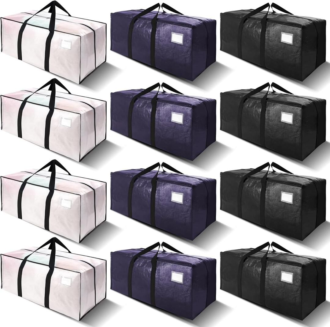 10 x VELVETSURE 12 Pack Heavy Duty Large Moving Bags W/Backpack Straps - Strong Handles & Zippers, Storage Totes, Fold Flat, Alternative to Moving Box and Storage Bin, Semi-Transparent+Blue+Black