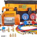 BACOENG 3.6CFM 1/4HP AC Vacuum Pump and Gauge Set, HVAC Vacuum Pump Kit for AUTO Air Conditioning System, Manifold Gauge Set for R134a R12 R410a Refrigerants - w/ R134a Can Tap and Quick Couplers