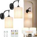 Battery Operated Wall Sconce Set of Two, Pleated Fabric Rechargeable Wireless Wall Sconces with 13000mAh Bulb & Dimmable, Battery Sconces Wall Light Decor Set of 2 for Living Room, Black