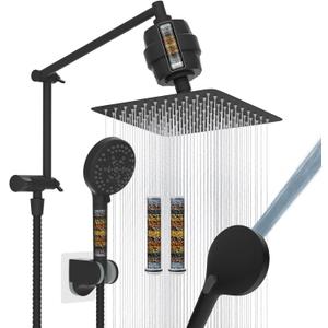 iFealClear Metal Rain Filtered Shower Head, 10 High Pressure Rainfall Shower Head with Handheld Spray, 10 Mode Handheld Powerful Wash, 16" Adjustable Extension Arm, 2 Pack Shower Filters, Matte Black
