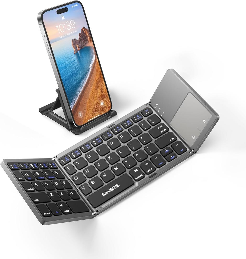 Samsers Foldable Bluetooth Keyboard with Touchpad  Portable Wireless Keyboard with Holder, Rechargeable Full Size Ultra Slim Pocket Folding Keyboards for Android Windows iOS Tablet & Laptop  Black