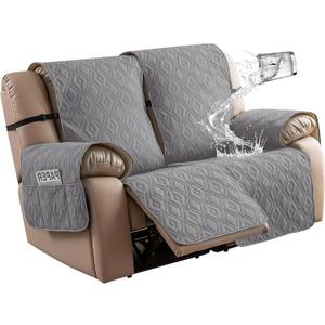Loveseat Recliner Cover Non-Slip, Sofa Cover for Reclining Couch 2 Seat, Loveseat Covers Double Recliner Furniture Protector Cover with Elastic Straps for Pets (Light Gray, Recliner Loveseat)