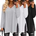 Huukeay 3 Pack Womens Oversized Long Sleeve T Shirts V Neck Knit Casual Workout Tunic Tops Side Split Loose Basic Tees(Black, White, Heather Gray,Small)