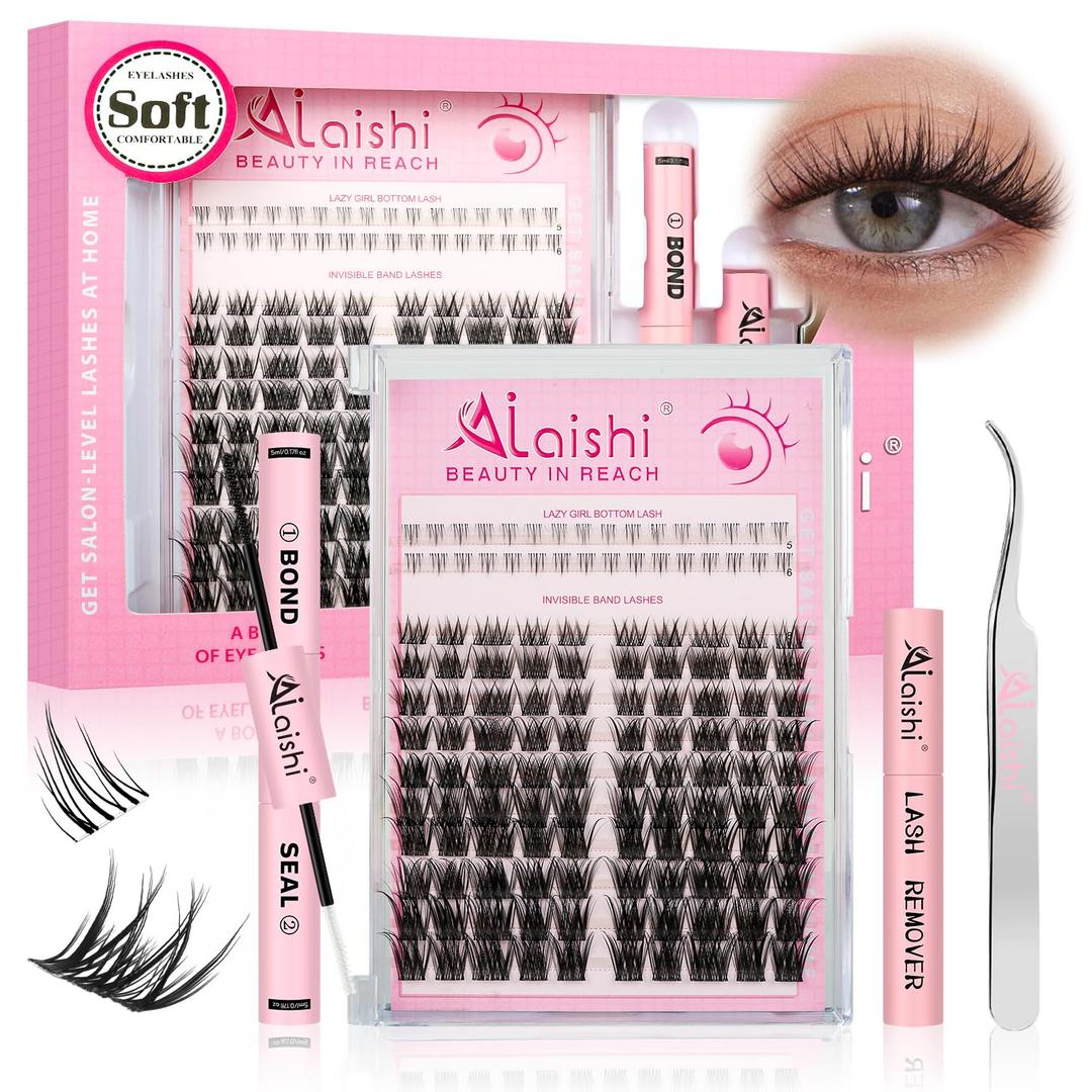 Lash Clusters Kit, DIY Cluster Eyelash Extensions 516mm,132pcs Fluffy D Curl Natural Lashes with Bond and Seal,Remover, TweezersNatural Fake Cat Eye Individual Manga Clusters 1-2-L