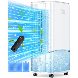 Evaporative Air Cooler, 25 Inch Swamp Cooler Air Conditioner w/Double Tanks, 7H Timer, 16ft Remote, 3 Ice Packs, 70 Oscillation, 3 Speeds & 2 Modes, 60W Portable Windowless Air Conditioner