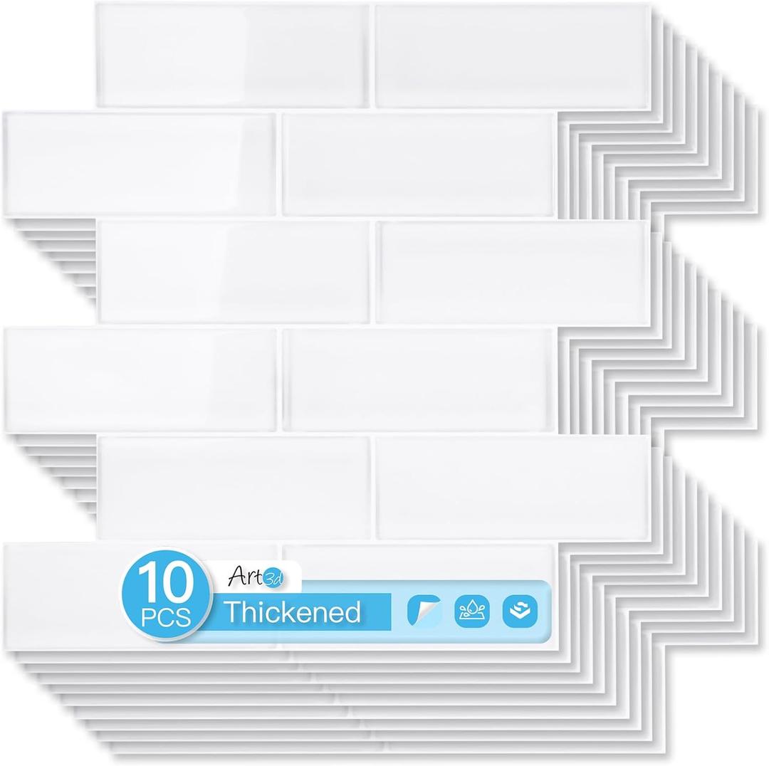 Art3d 10-Pack Heavy-Duty Peel and Stick Backsplash, 12 x 12 Inch Vinyl Seaglass Subway Design Stick on Wall Tile for Kitchen Living Room Home Decor, White