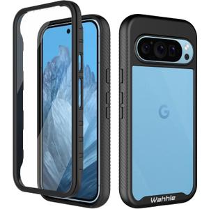 wahhle Compatible with Google Pixel 9/9 Pro Case, Built in Screen Protector Full Body Shockproof Slim Fit Bumper Protective Phone Cover for Men Women-Black/Clear