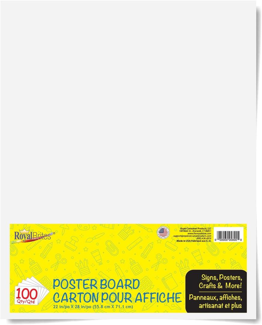 White Poster Board, Premium 2-Sided 22x28 for School Projects, Arts & Crafts, Water & Fade Resistant Posterboard for Signs & Presentations, Large Posterboard 22x28, 100 Count, 100 Sheets