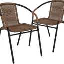 2 x Flash Furniture Lila Modern Rattan Indoor/Outdoor Stackable Dining Chairs, Stacking Rattan Bistro Chairs for Patio or Restaurant, Set of 2, Brown