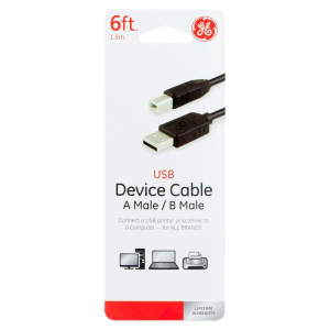 GE USB 2.0 A Male to B Male Device Cable - Black, 6 ft