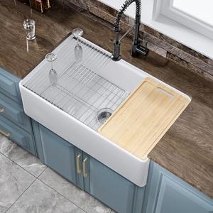 HOMLYLINK White Farmhouse Workstation Sink 31 x 18 Inch, Firecaly Apron Front Undermount Farm Sink, Single Bowl, w Accessories 4 Types, Reversible (Sleek & Fluted Optional), Pure White, for Kitchen