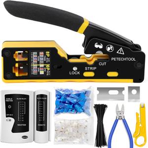 PETECHTOOL RJ45 Crimp Tool Pass Through Ethernet Crimping Tool Kit Cat6 Cat5e Cat6a RJ45 Crimper with Cable Tester, Cat6 Connectors with RJ45 Boot Covers, Mini Stripper, Blades and Cable Ties
