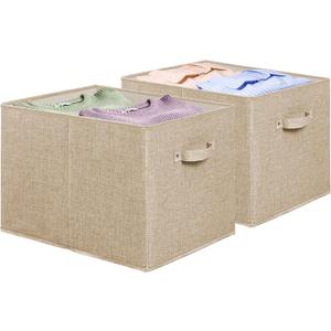 Simple Houseware 15 x 13 Inch Collapsible Fabric Storage Bin with Handles, 2 Pack, Beige