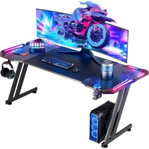 HLDIRECT 63 Inch Gaming Desk Z Shaped Carbon Fiber Computer Desk with LED, 63 INCH BLACK