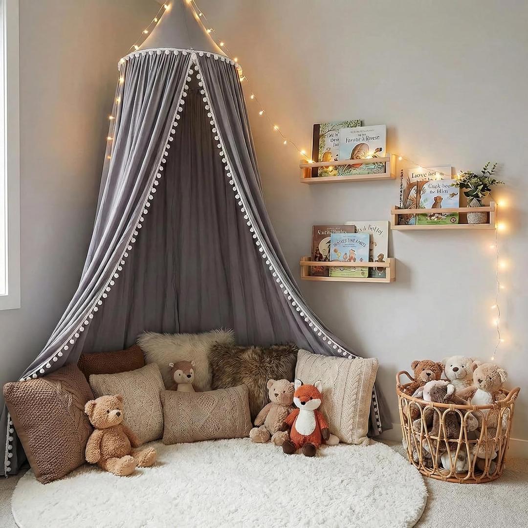 LOAOL Bed Canopy with Pom Pom Cotton Canopy for Kids Crib Baby Girl Netting Cover Canopy Crib Curtain Reading Nook Hanging Tent Nursery Play Game Castle Room Decoration (Gray)