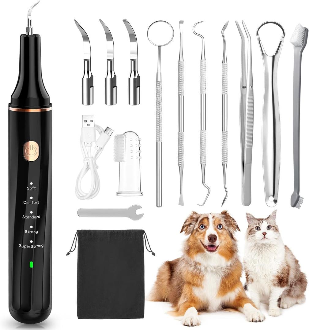 12-in-1 Dog Tooth Brushing Kit - Ultrasonic Tartar Plaque Remover Tool for Teeth with LED Light, Dog Sonic Tooth Cleaner with Dental Tools Scaler Scraper for Dog Teeth Cleaning, USB Charge (Black)