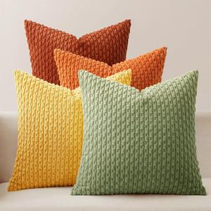 MIULEE Fall Burnt Orange Throw Pillow Covers Soft Couch Decorative Set of 4 Boho Striped Cushion Covers Corduroy Pillowcase Farmhouse Home Decor for Couch Bed Sofa Living Room 18x18 Inch Yellow Orange