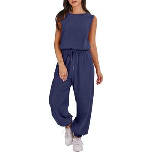 ANRABESS Jumpsuits for Women Casual Summer Sleeveless 2025 Romper One Piece Outfit Active Workout Lounge Jumpsuits Pockets (Large, Navy Blue)