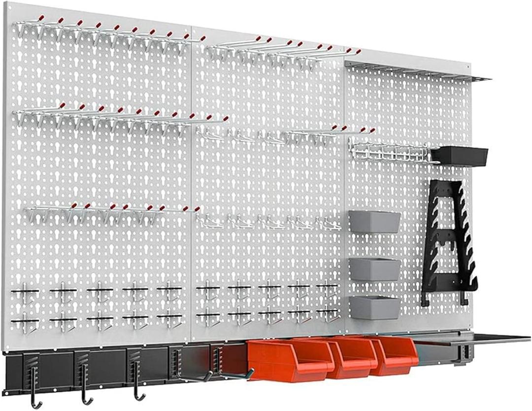 TORACK 109Pcs Pegboard Wall Organizer 4 ft. Garage Metal Pegboard Standard Utility Tool Storage Kit w/Tool board Hooks & Pegboard Hooks Accessories, Wall Mounted Storage Bins & Shelf (Grey)