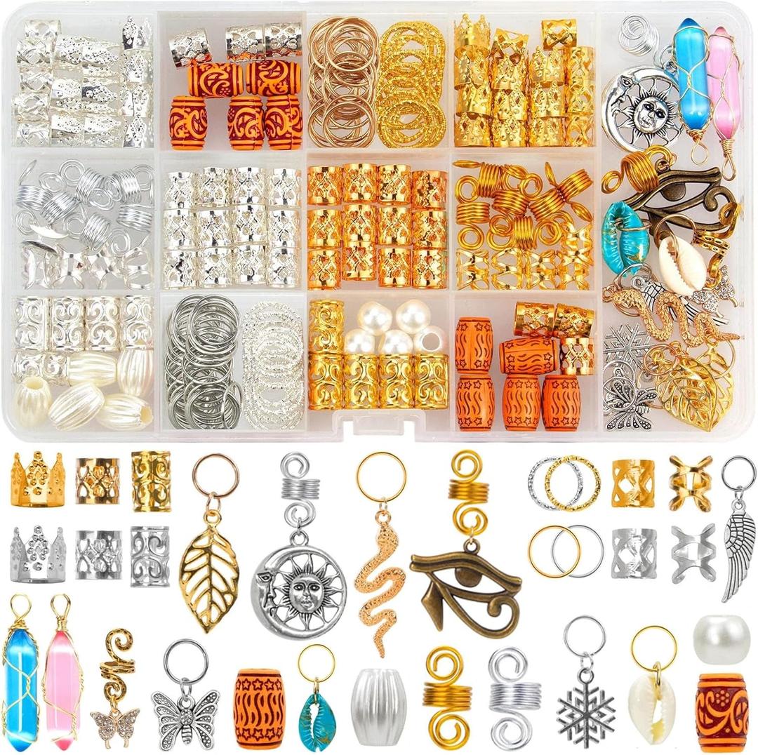 200 Pcs Hair Beads Jewelry, Dreadlock Jewelry for Hair Braids, Hair Accessories Gem Crystal Hair Charms, Metal Hair Coils Rings, Gold and Silver Hair Pendants, Braid Cuffs, Clips